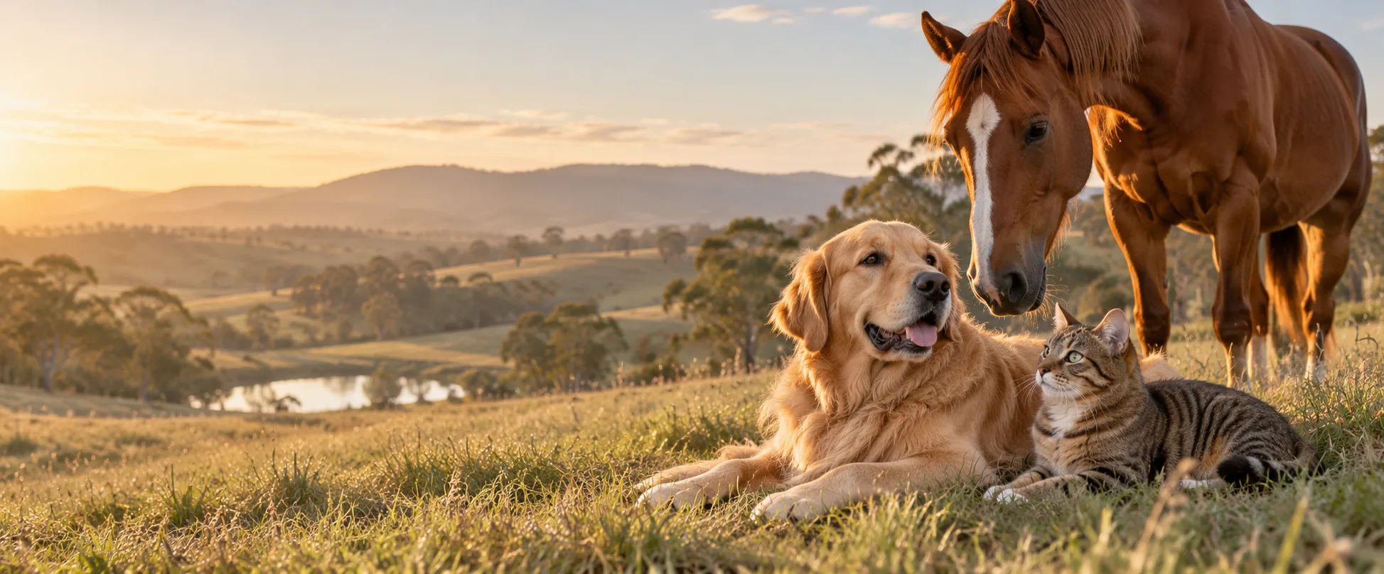 A golden retriever, tabby cat and chestnut horse resting together in the countryside